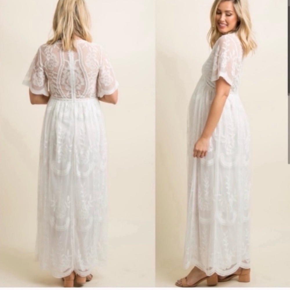 PinkBlush White Lace Mesh Maternity Maxi Dress